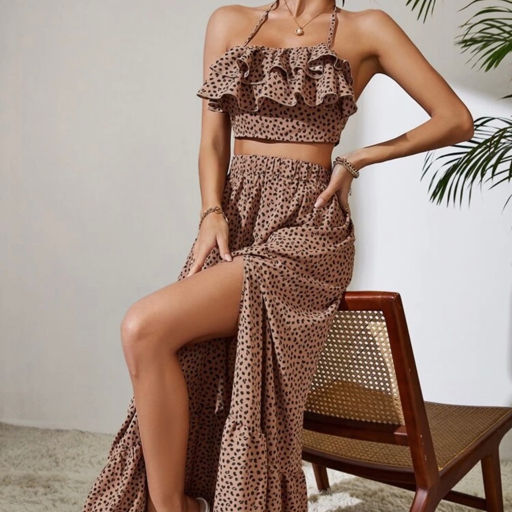 2-piece printed ruffled halter top & maxi skirt